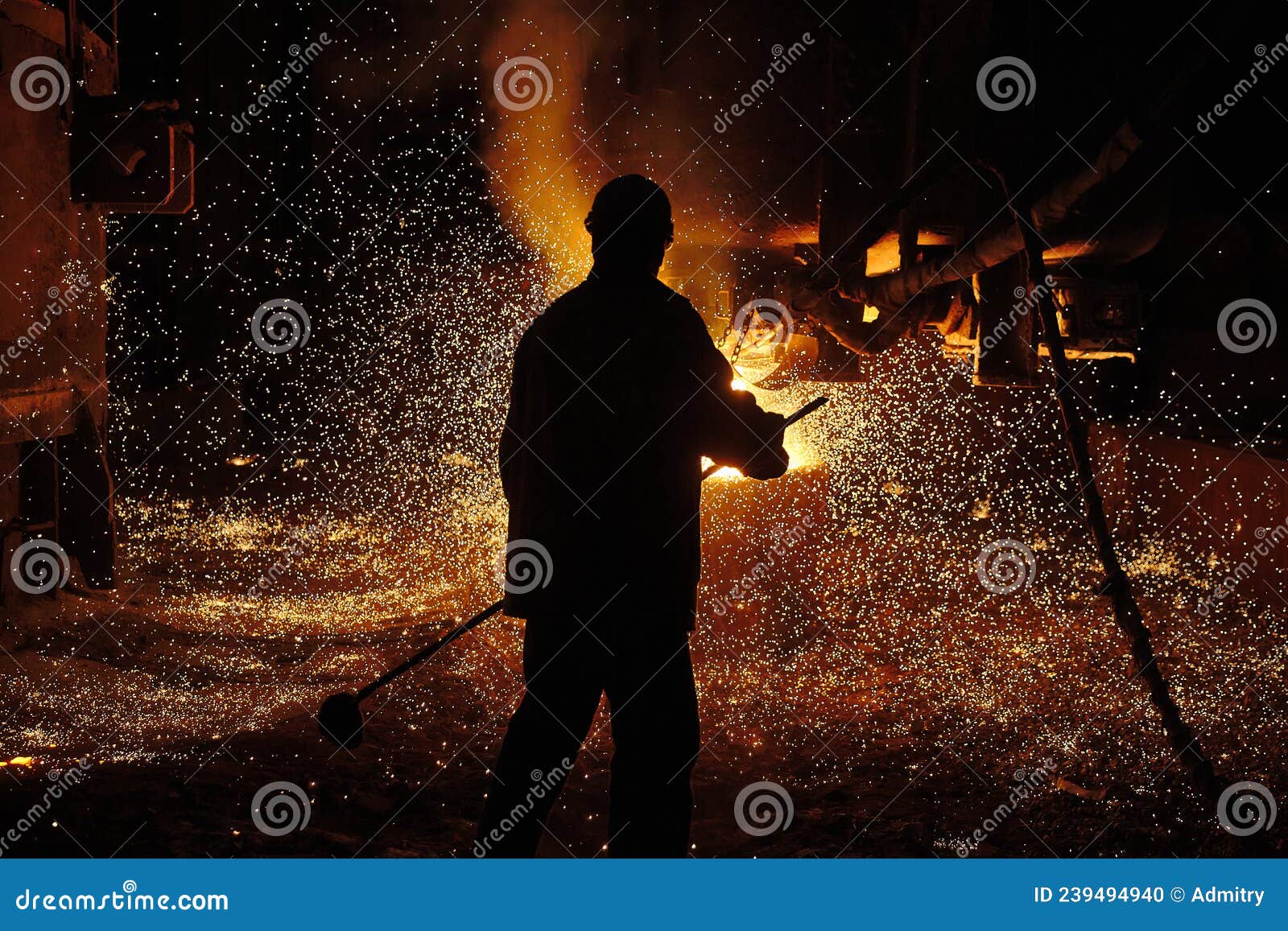 metallurgist steelmaker takes a sample of liquid metal from a ladle.